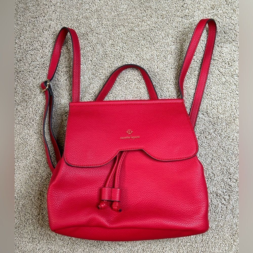 Nanette Lepore Cherry Bright Red Leather Adjustable 2 in One Backpack Bag